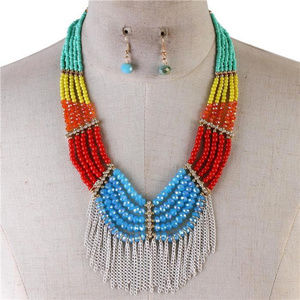 Multi color And Crystal Beads Fringed Necklace Set